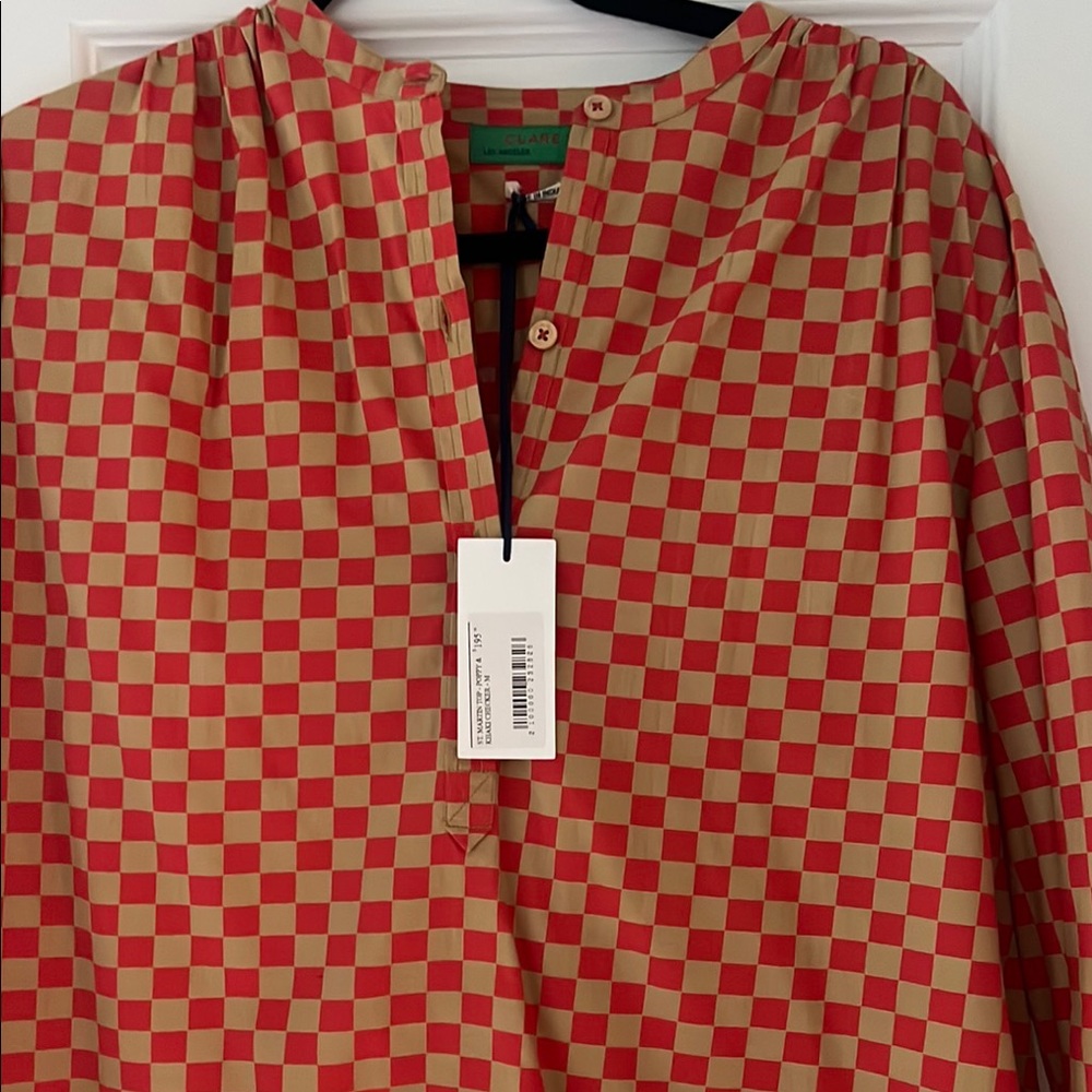 Clare V Red and Tan Blouse with Checkered Pattern. Size Medium